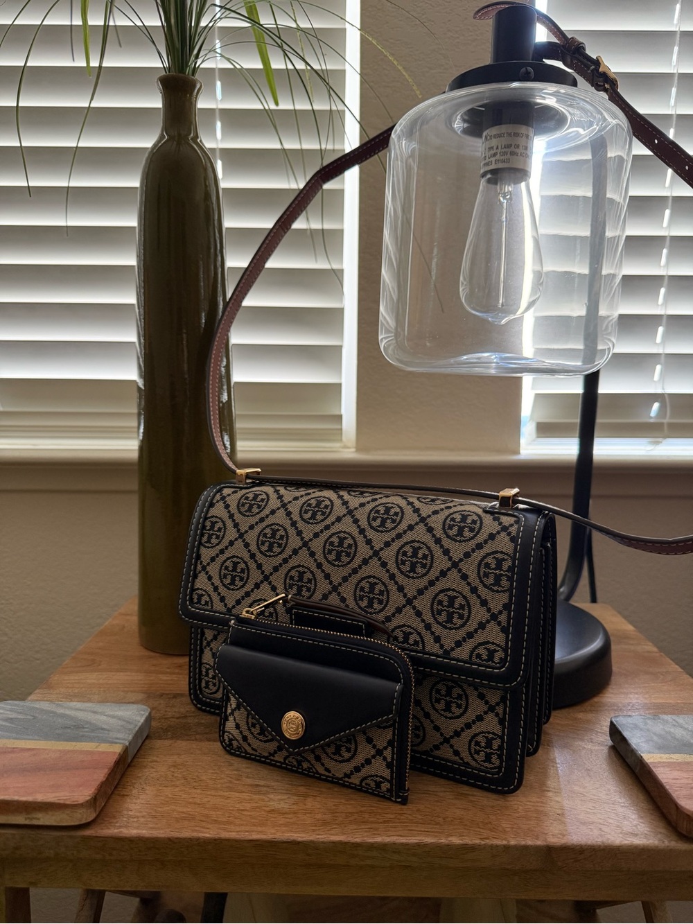 Tory Burch Tan Jacquard Logo Crossbody with Dark Blue Trim w/ Matching Wallet